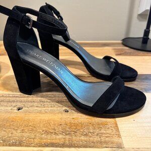 Stuart Weitzman Women Black Suede Ankle Strap Block Heel Sandals Size 8M NWOB